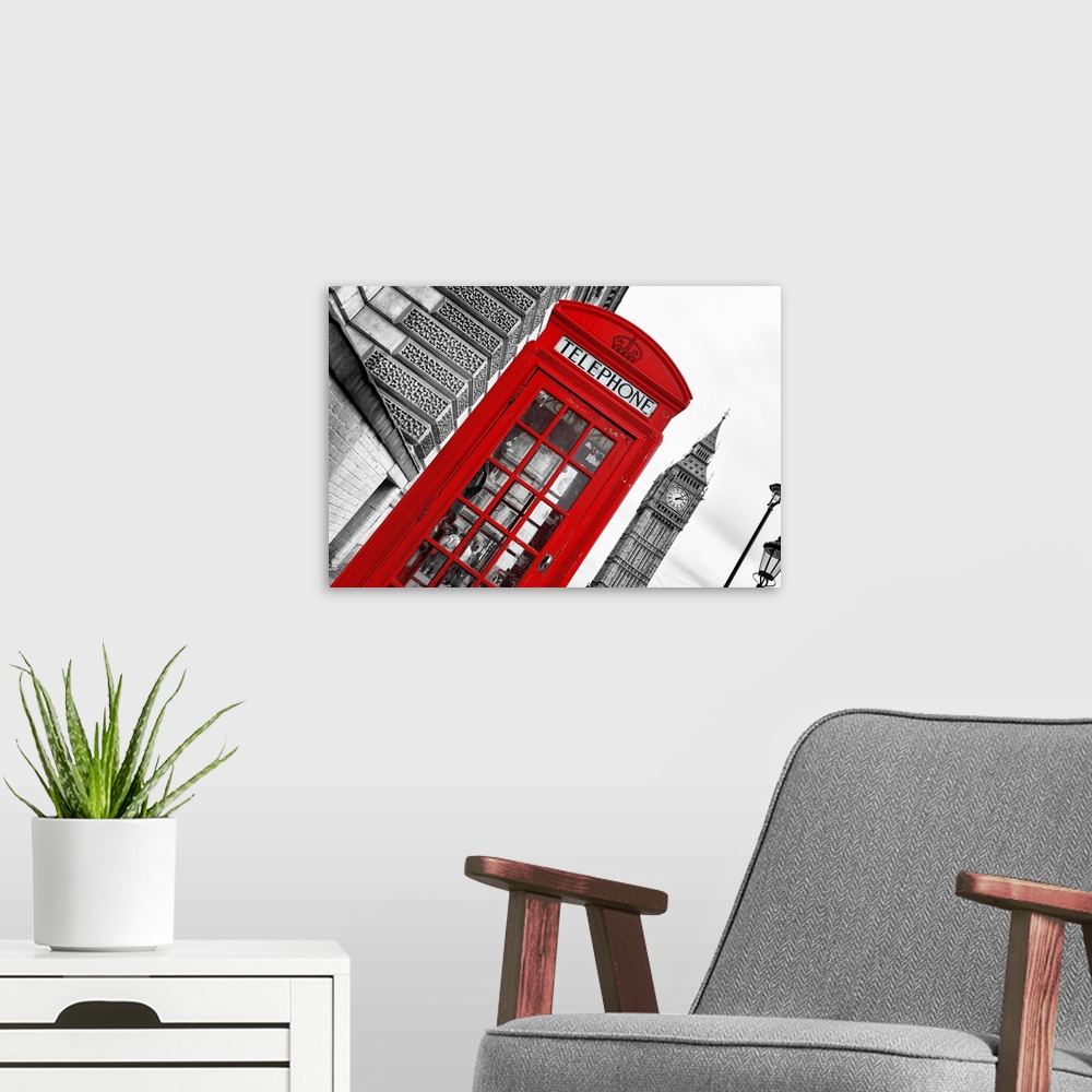 A modern room featuring Angled photo of a red telephone booth with the Big Ben clock tower in the background.