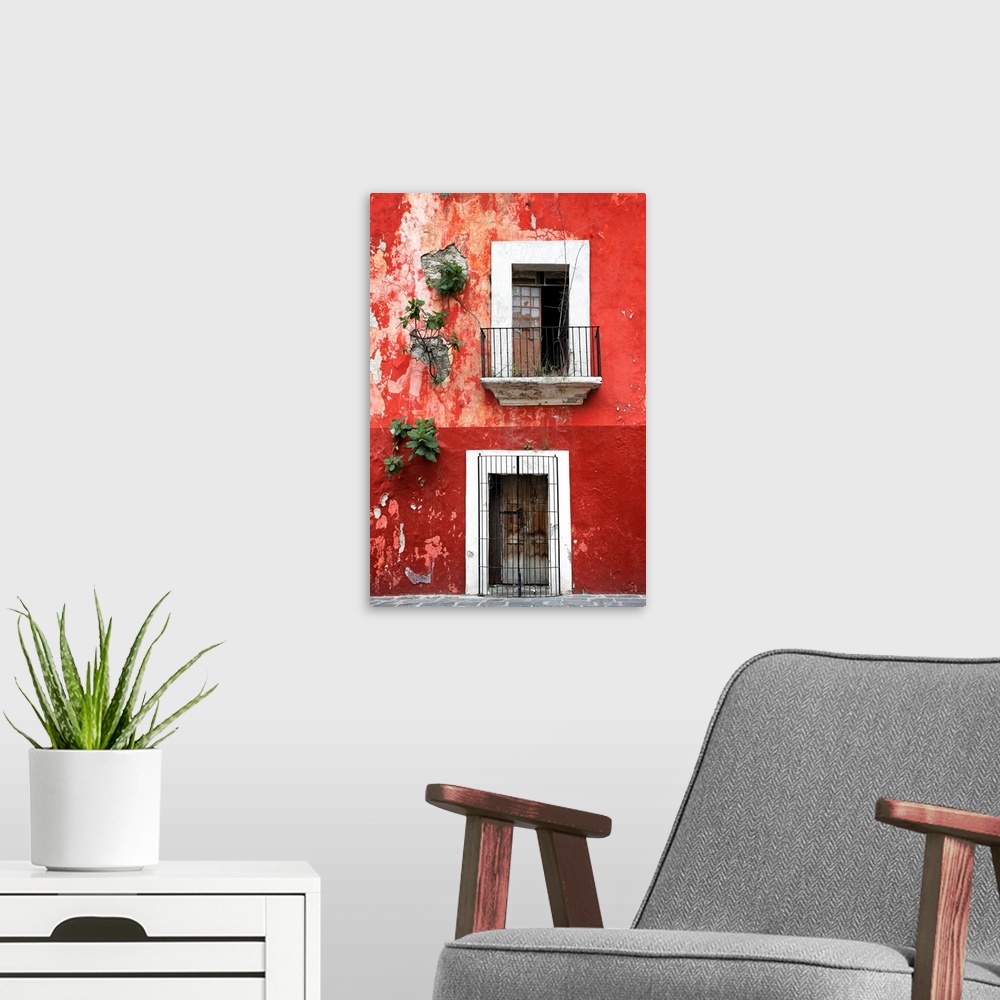A modern room featuring Photograph of a rustic red wall in Mexico with peeling paint, a balcony, door, and plants growing...