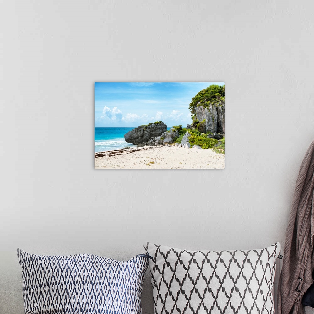 A bohemian room featuring Photograph of the Riviera Maya in Tulum, Mexico. From the Viva Mexico Collection.