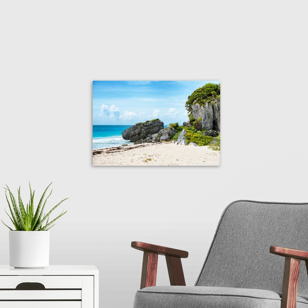 A modern room featuring Photograph of the Riviera Maya in Tulum, Mexico. From the Viva Mexico Collection.