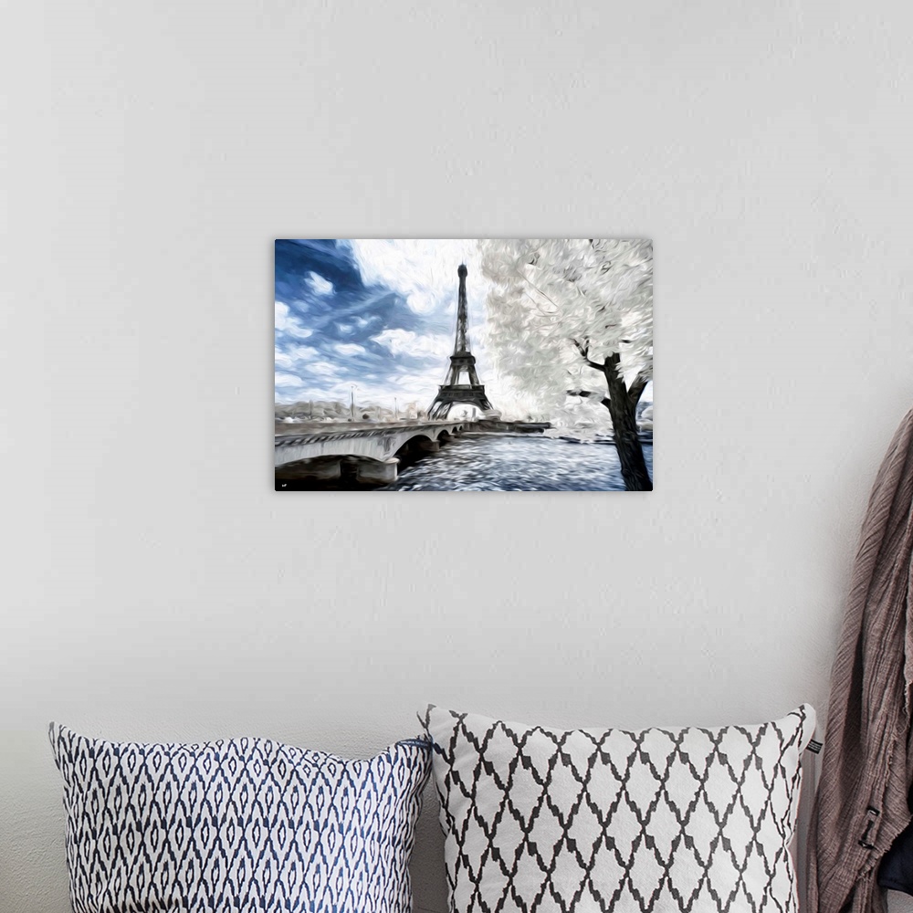A bohemian room featuring Infrared photograph with a painterly effect of Paris.