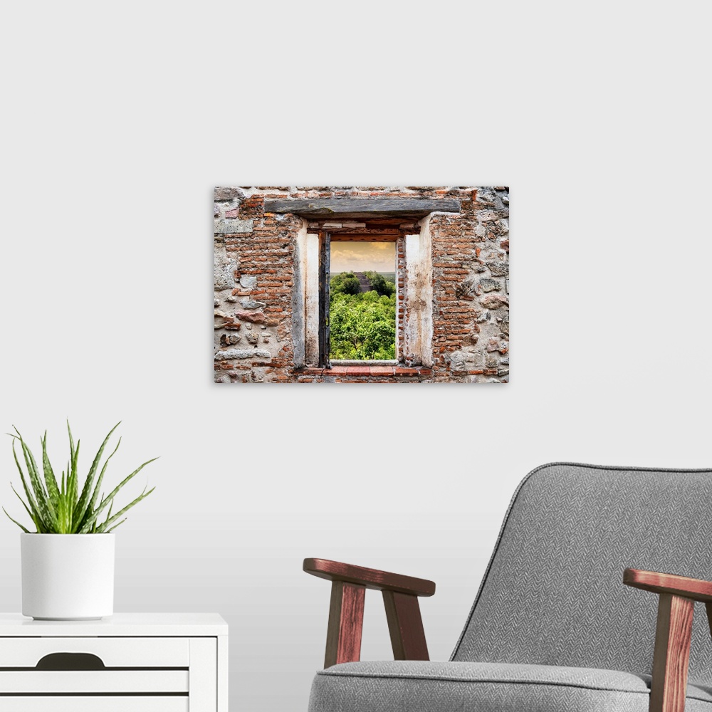 A modern room featuring View of the Ruins of the ancient Mayan City of Calakmul, Mexico, framed through a stony, brick wi...