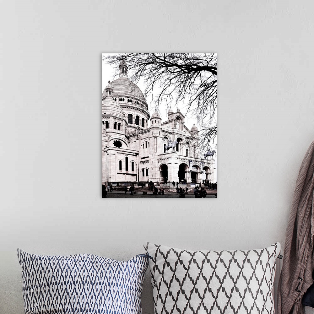 A bohemian room featuring Black and white photo of the large domes of the Sacre Coeur Basilica.