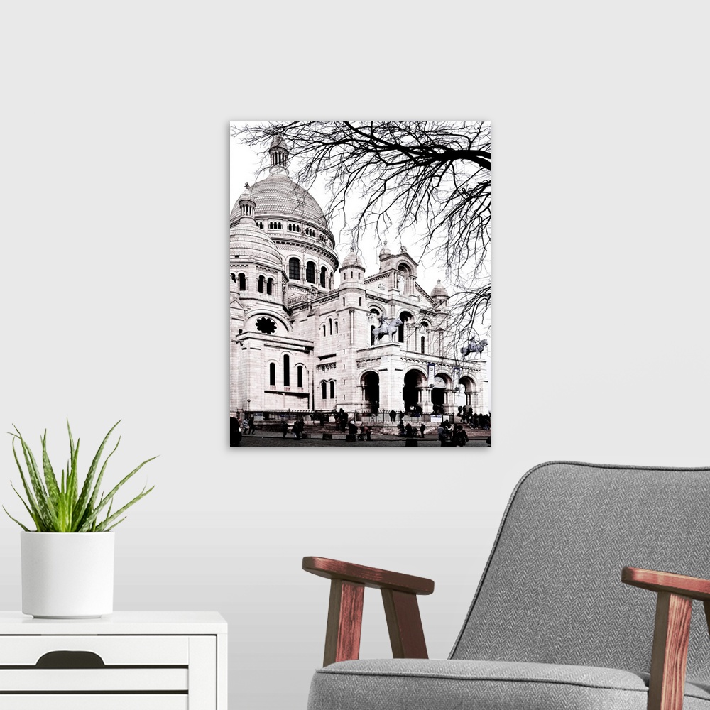 A modern room featuring Black and white photo of the large domes of the Sacre Coeur Basilica.
