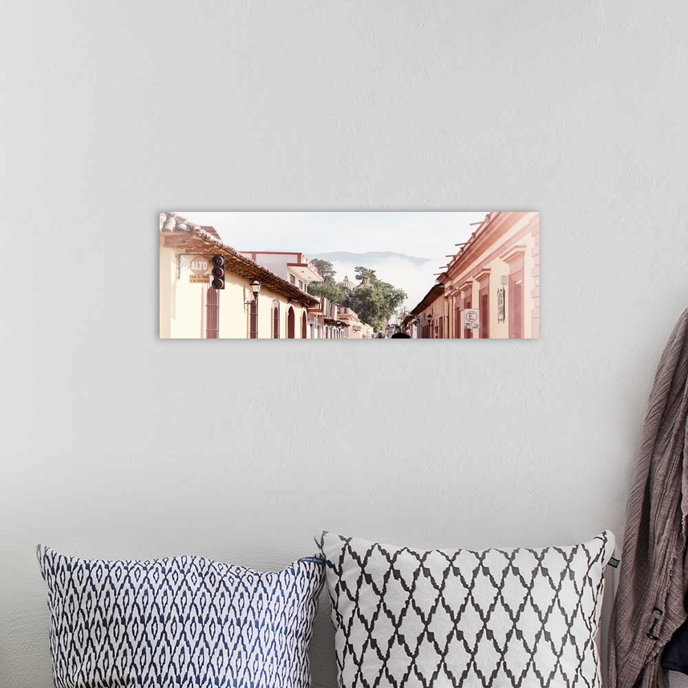A bohemian room featuring Washed out panoramic photograph of a streetscape at San Cristobal de Las Casas in Chiapas, Mexico...