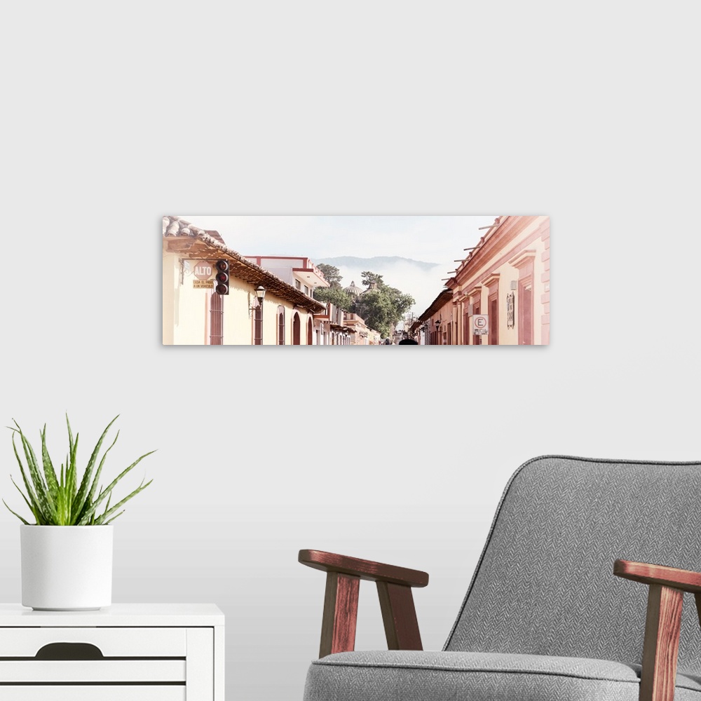 A modern room featuring Washed out panoramic photograph of a streetscape at San Cristobal de Las Casas in Chiapas, Mexico...