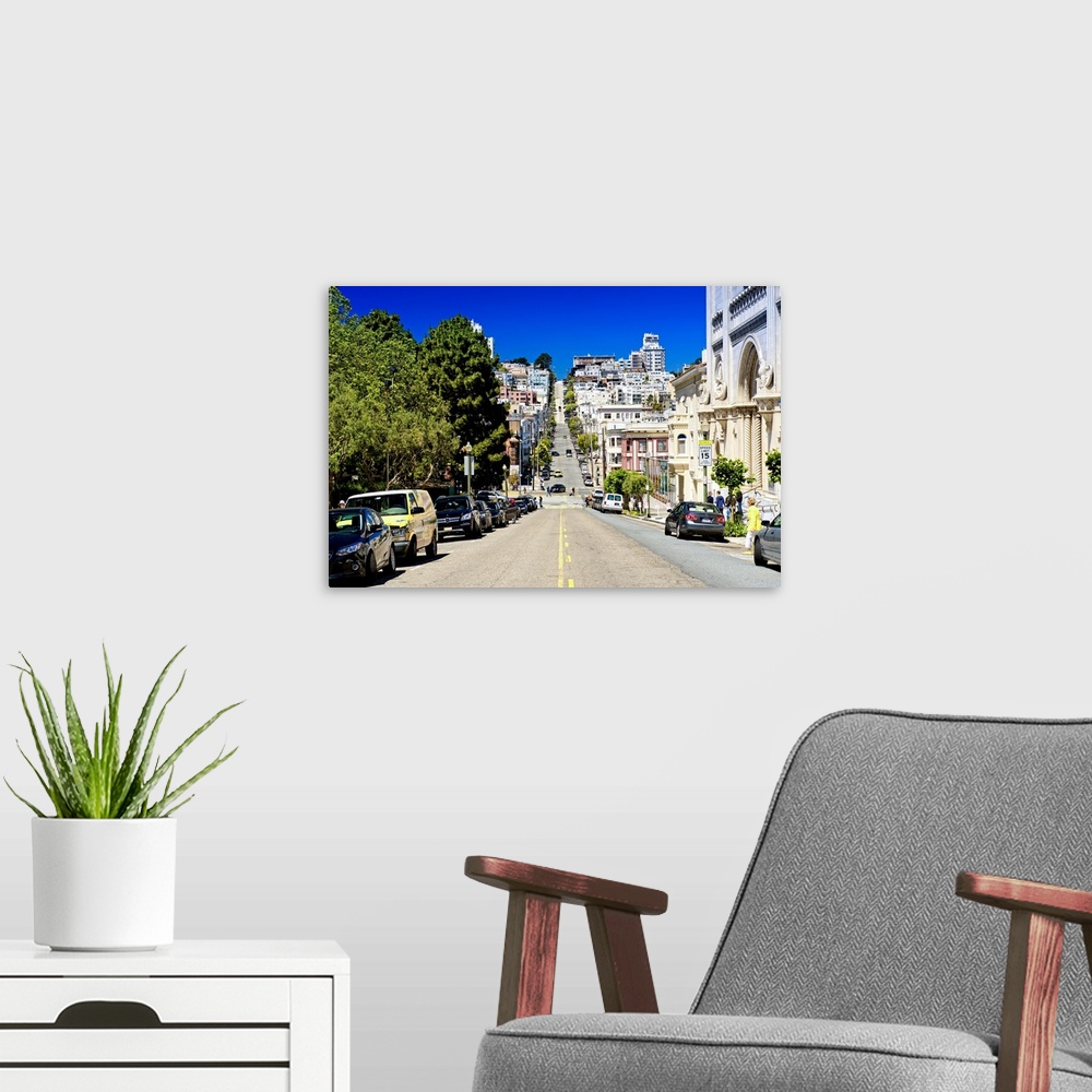 A modern room featuring Fine art photograph of a road in San Francisco on a clear day.