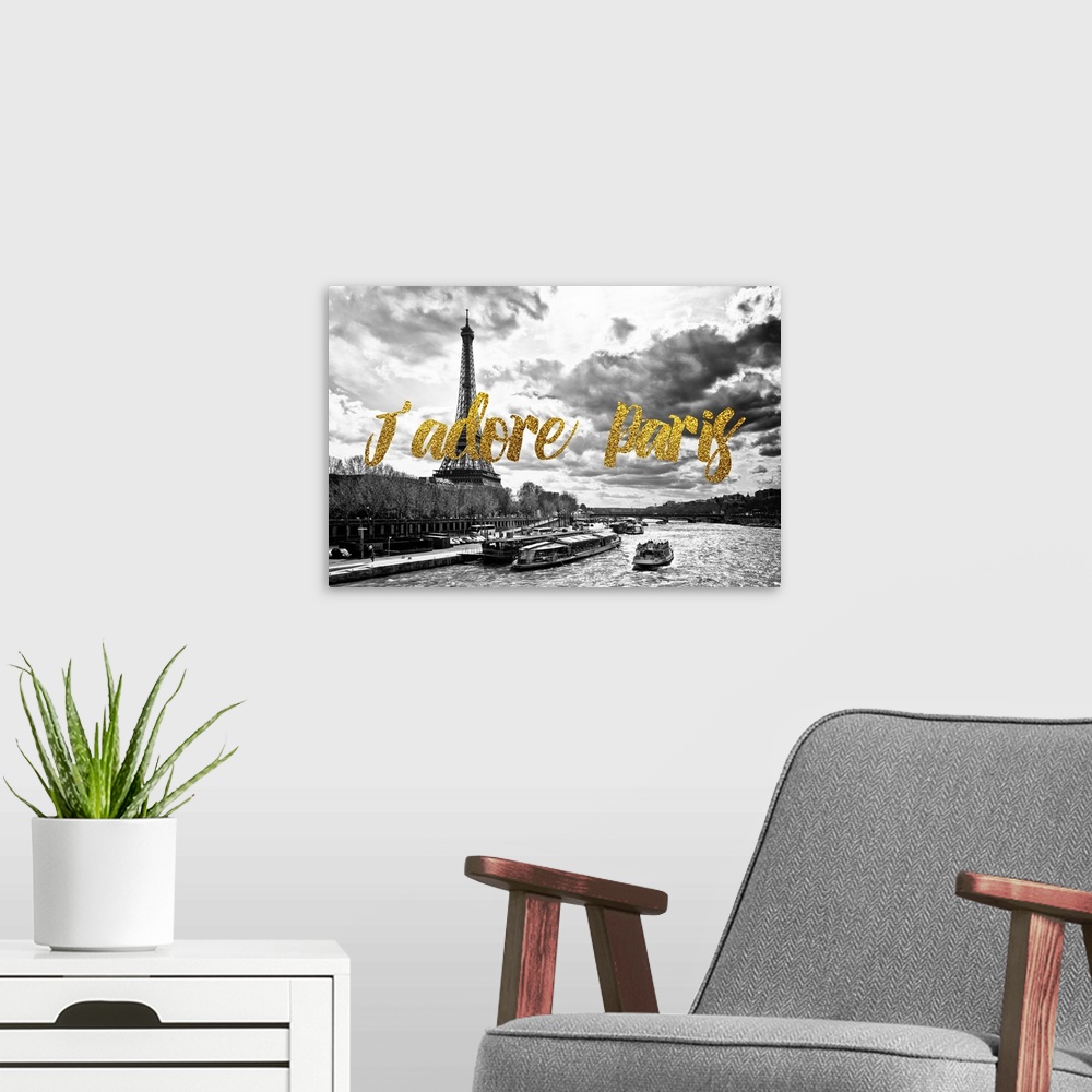 A modern room featuring Black and white photograph of the Seine River with the Eiffel Tower in the background and the phr...