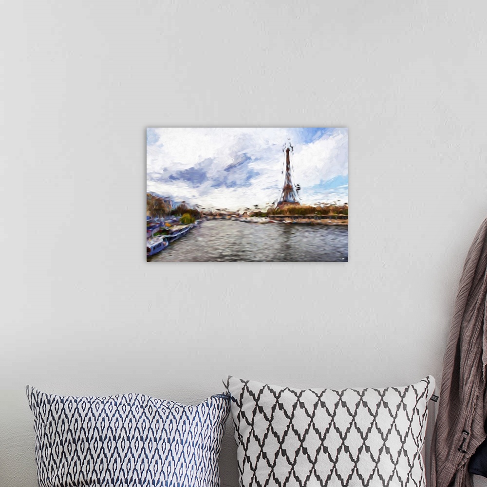 A bohemian room featuring Photograph of Paris, France with a painterly effect.