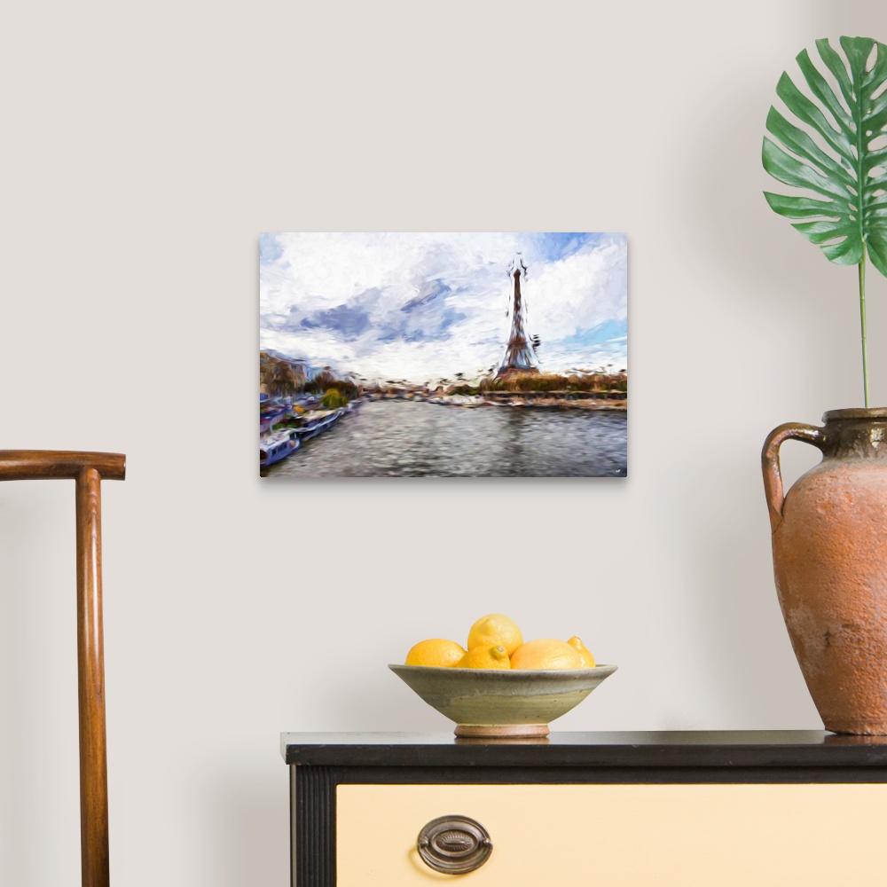 A traditional room featuring Photograph of Paris, France with a painterly effect.