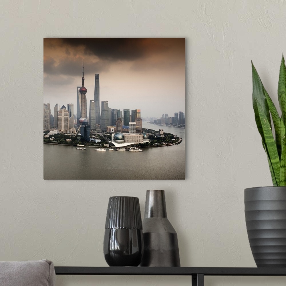 A modern room featuring Shanghai Skyline with Oriental Pearl Tower, China 10MKm2 Collection.