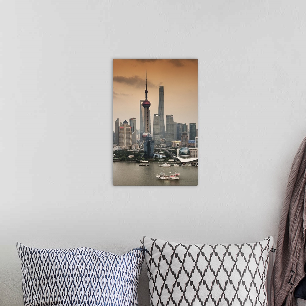 A bohemian room featuring Shanghai Skyline with Oriental Pearl Tower, China 10MKm2 Collection.
