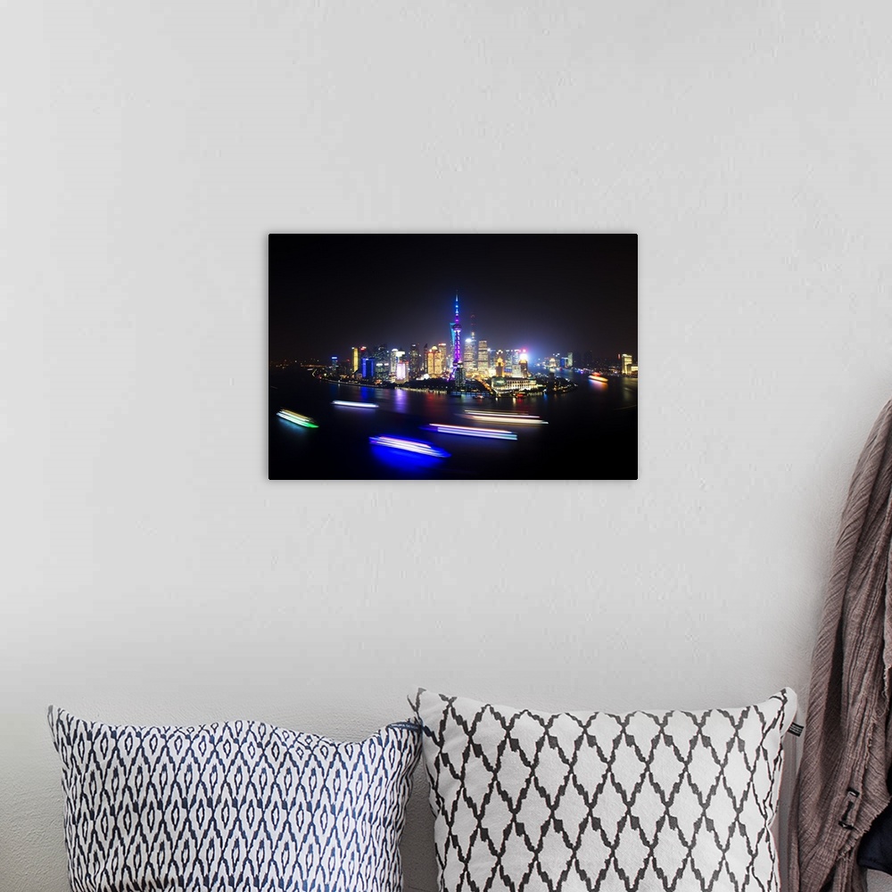 A bohemian room featuring Shanghai Skyline with Oriental Pearl Tower at night, China 10MKm2 Collection.