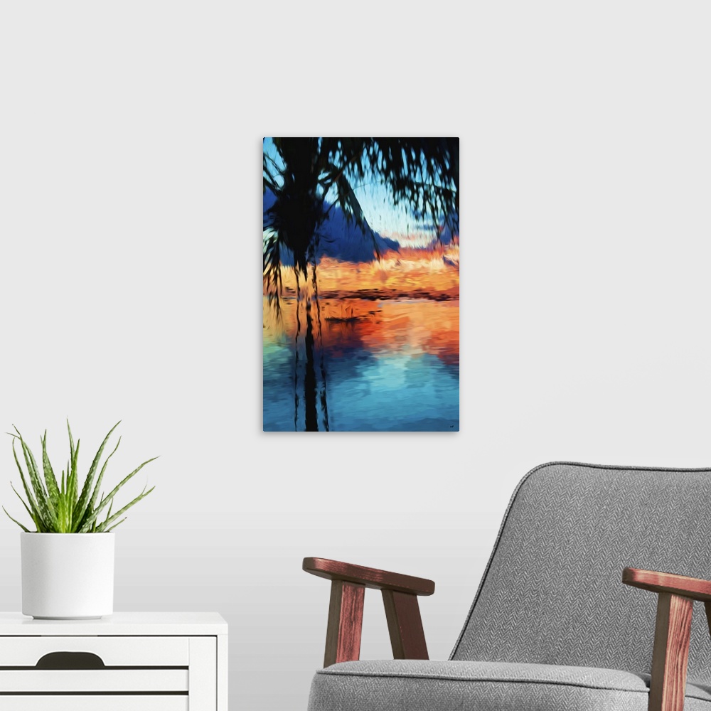 A modern room featuring Photograph of Miami, Florida with a painterly effect.