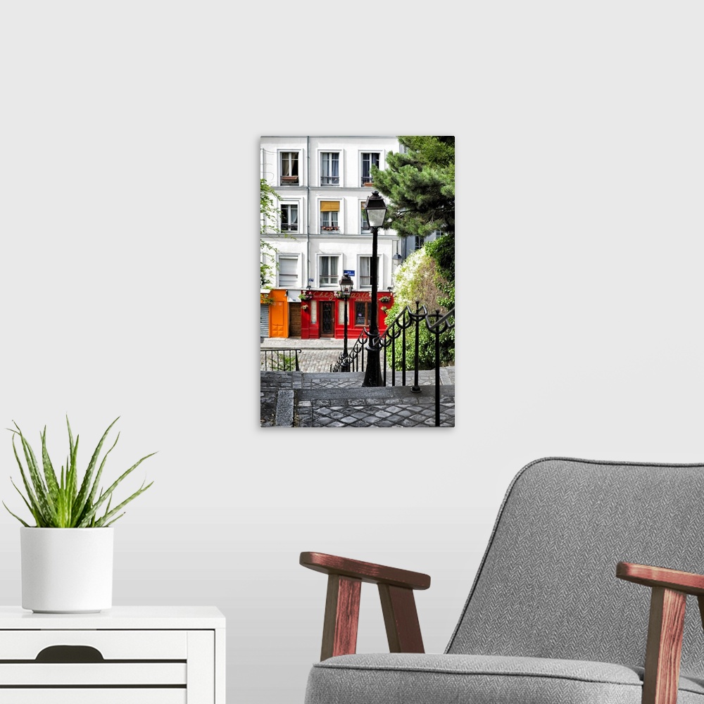 A modern room featuring A photograph of a lamppost in Paris.