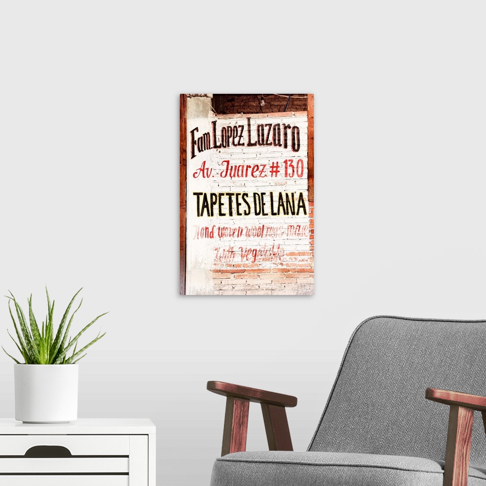 A modern room featuring Photograph of a Tapetes de Lana Mexican Sign. From the Viva Mexico Collection.