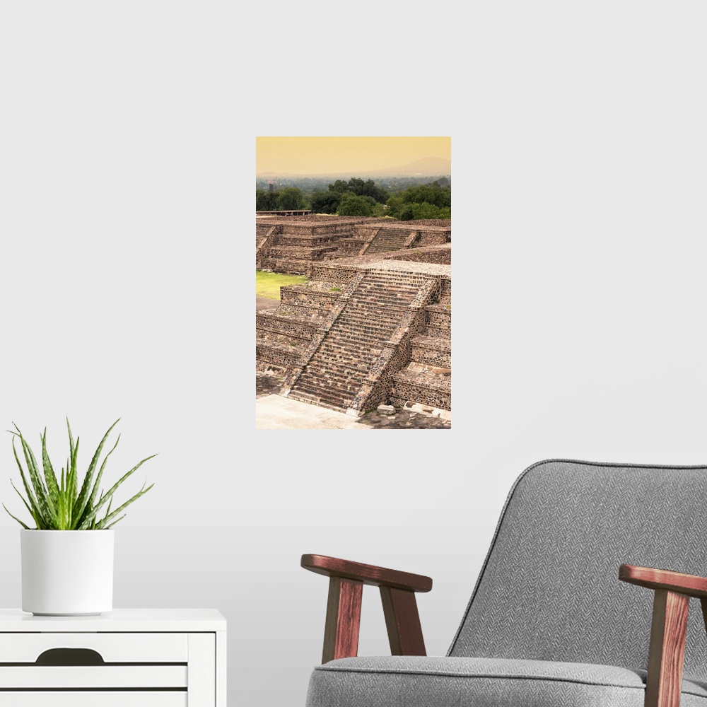 A modern room featuring Photograph of the Teotihuacan Pyramids, Pyramid of the Sun, in Mexico. From the Viva Mexico Colle...