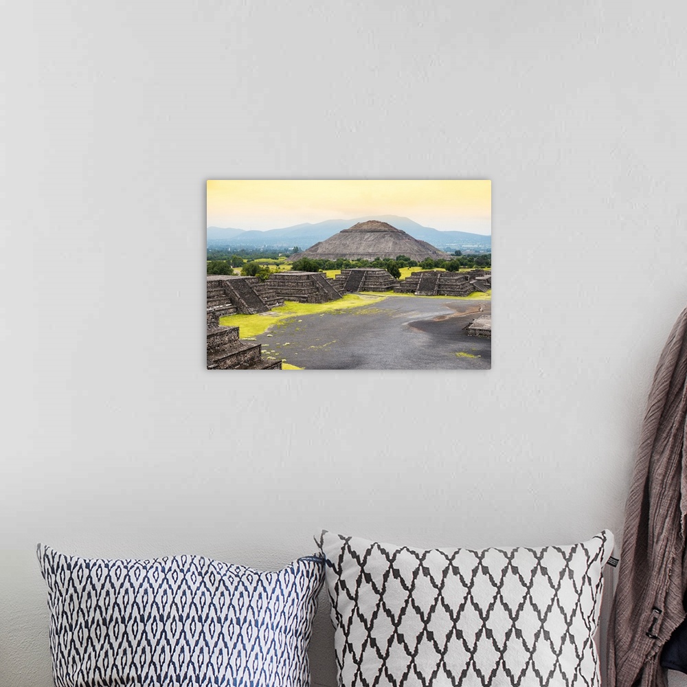 A bohemian room featuring Photograph of the ancient pyramids in Teotihuacan, Mexico, featuring the Pyramid of the Sun and a...