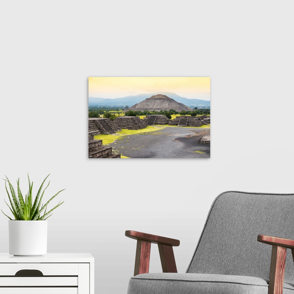 A modern room featuring Photograph of the ancient pyramids in Teotihuacan, Mexico, featuring the Pyramid of the Sun and a...