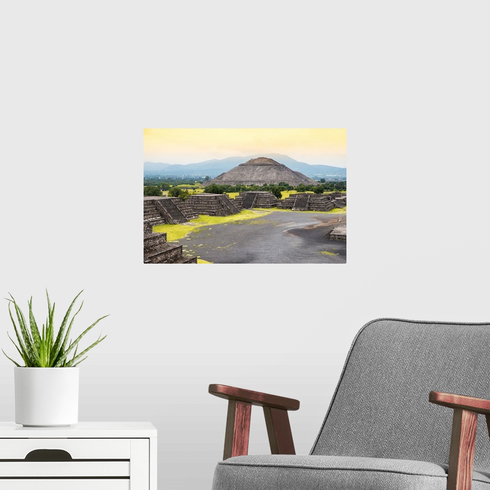 A modern room featuring Photograph of the ancient pyramids in Teotihuacan, Mexico, featuring the Pyramid of the Sun and a...