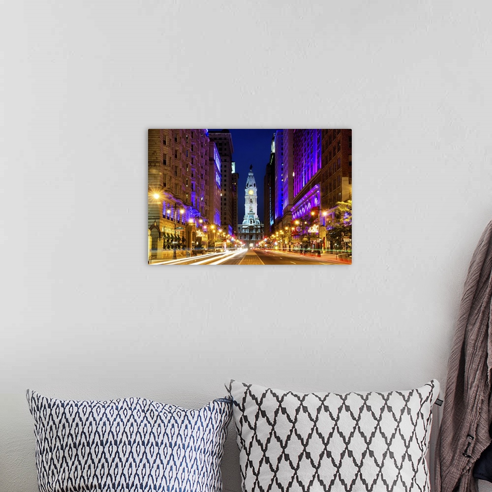 A bohemian room featuring Fine art photograph of City Hall in Philadelphia in the evening, with light trails in the street.