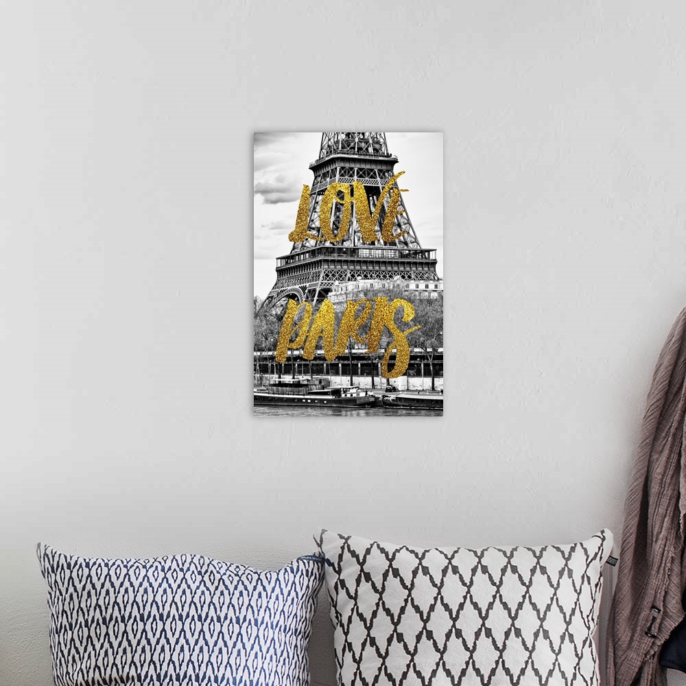 A bohemian room featuring Black and white photograph of part of the Eiffel Tower and the river with boats with the phrase "...