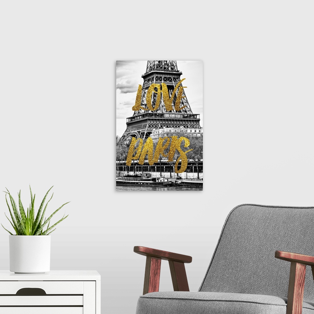 A modern room featuring Black and white photograph of part of the Eiffel Tower and the river with boats with the phrase "...