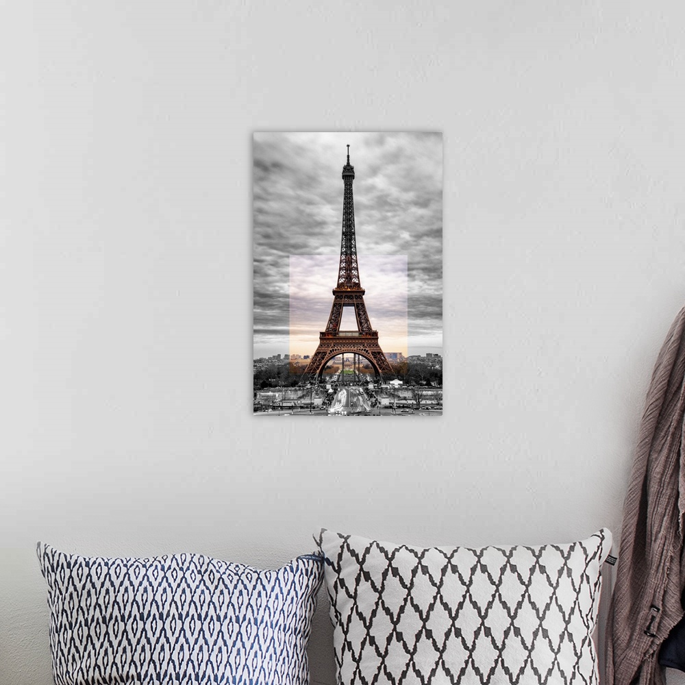 A bohemian room featuring Stunning photograph of the iconic Eiffel Tower in Paris with cloudy skies. A color block effect a...