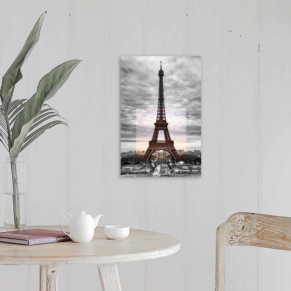 A farmhouse room featuring Stunning photograph of the iconic Eiffel Tower in Paris with cloudy skies. A color block effect a...