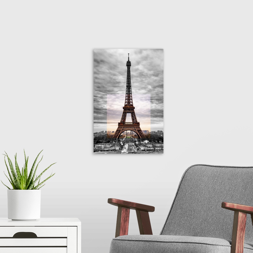 A modern room featuring Stunning photograph of the iconic Eiffel Tower in Paris with cloudy skies. A color block effect a...