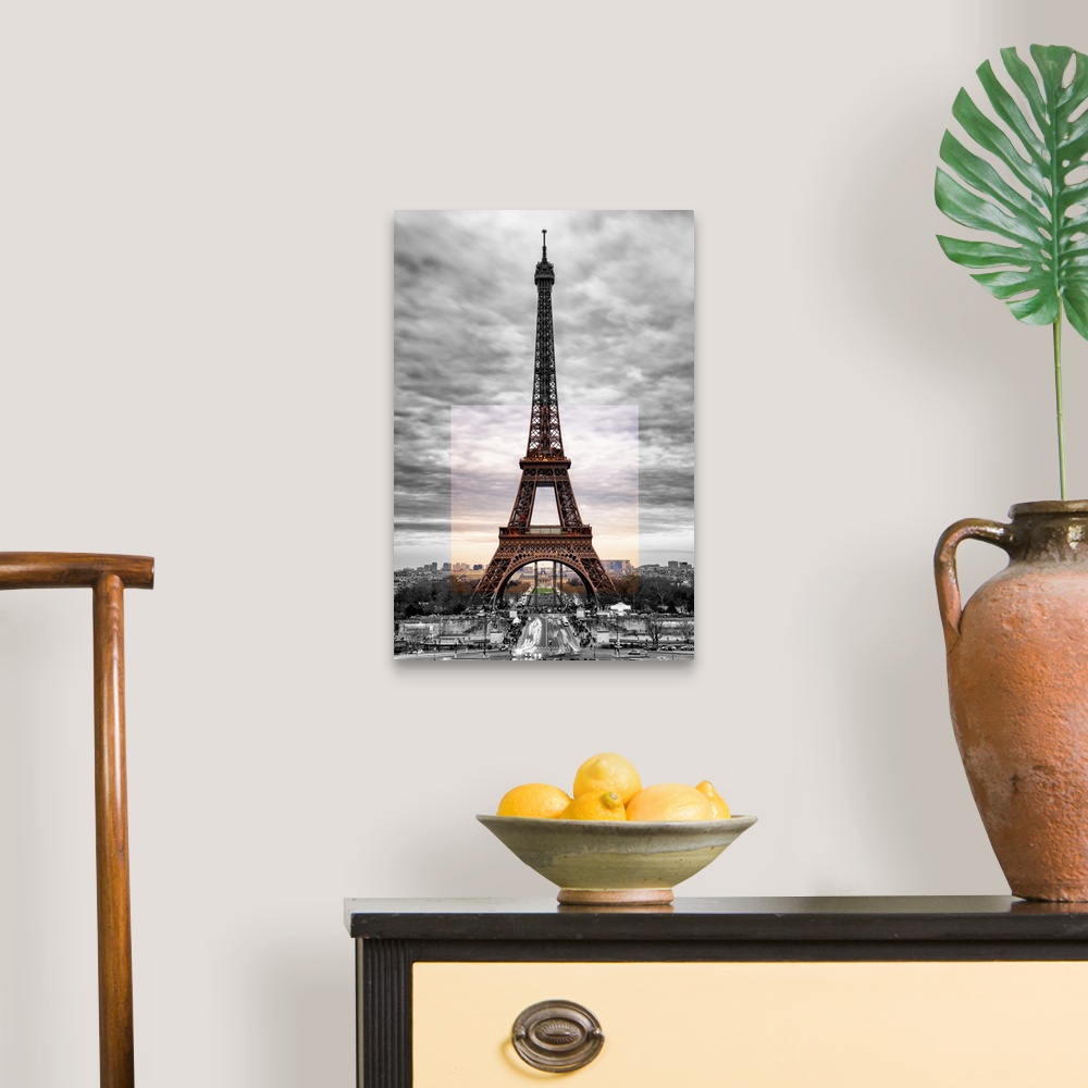 A traditional room featuring Stunning photograph of the iconic Eiffel Tower in Paris with cloudy skies. A color block effect a...