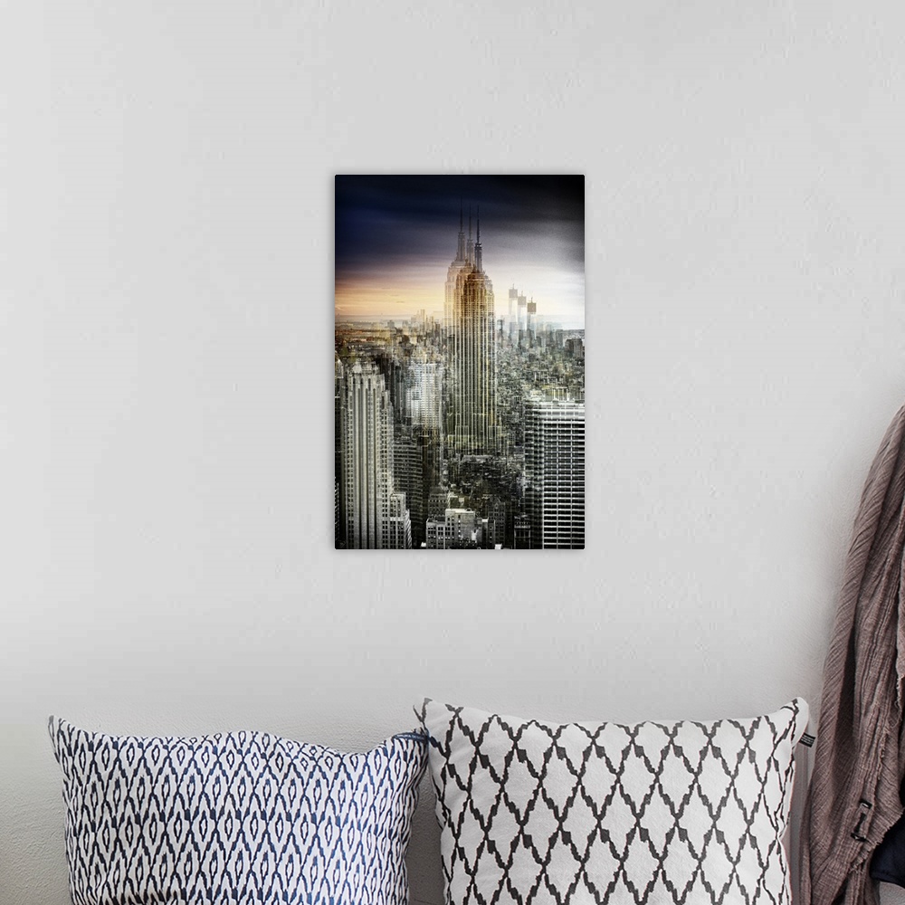 A bohemian room featuring Photo of the Manhattan skyline at sunset in the evening with a layered effect creating a feeling ...