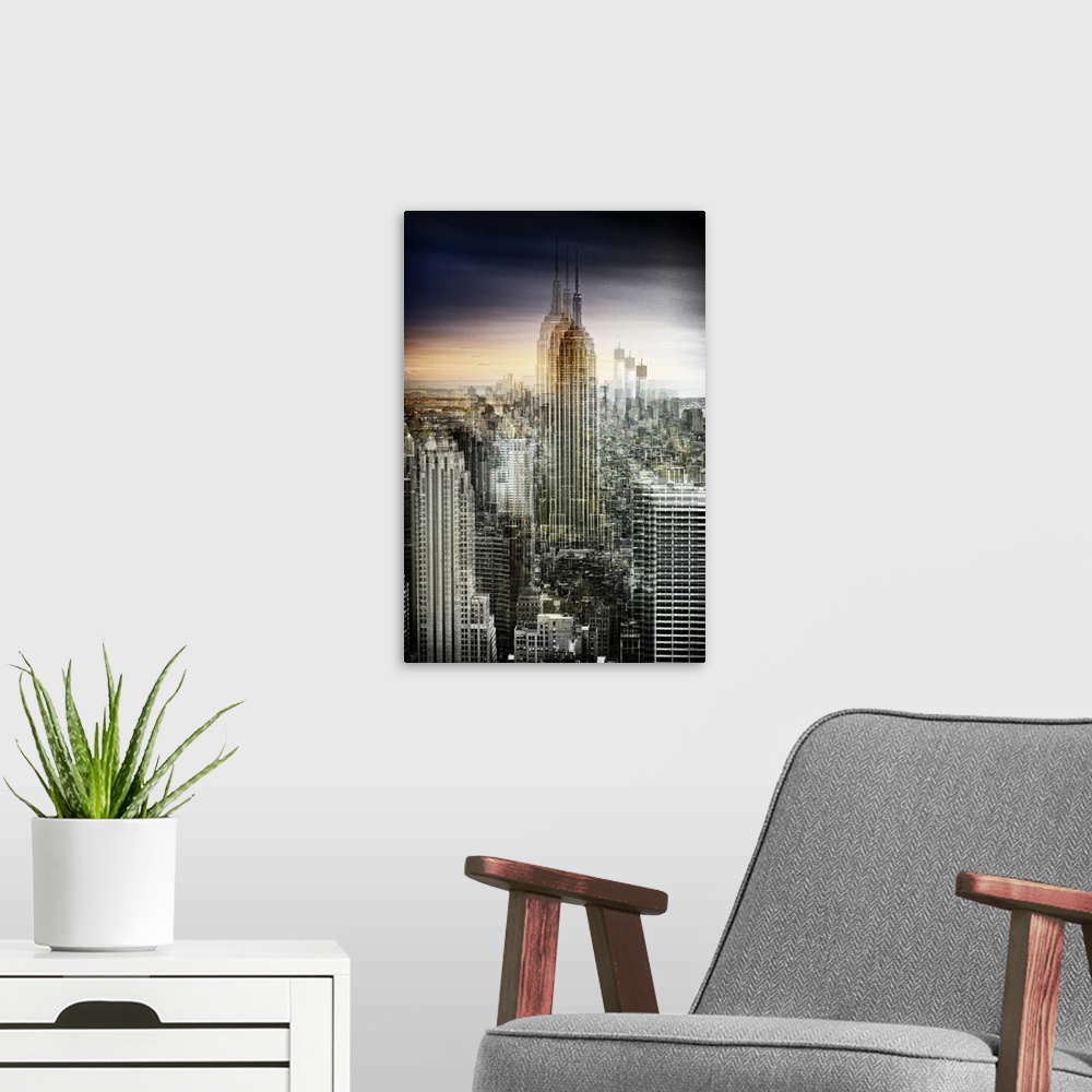 A modern room featuring Photo of the Manhattan skyline at sunset in the evening with a layered effect creating a feeling ...