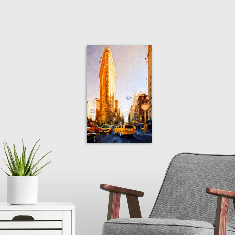 A modern room featuring Photograph with a painterly effect of Manhattan, New York city.