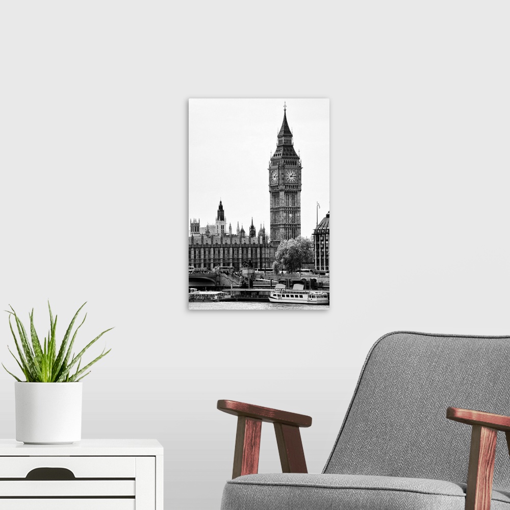 A modern room featuring Black and white photo of Big Ben, seen from the River Thames.