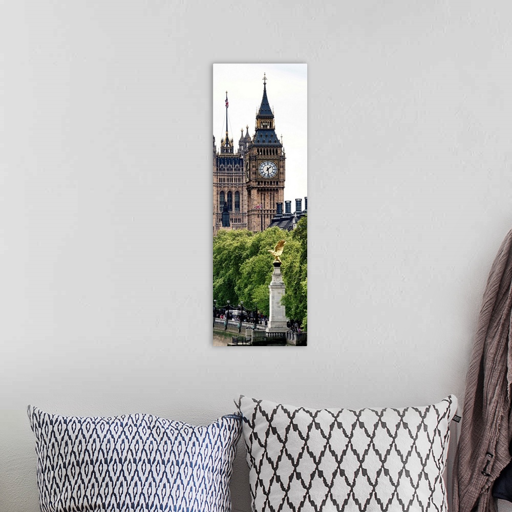 A bohemian room featuring Vertical panoramic photo of the Big Ben clock tower with a statue in the foreground.