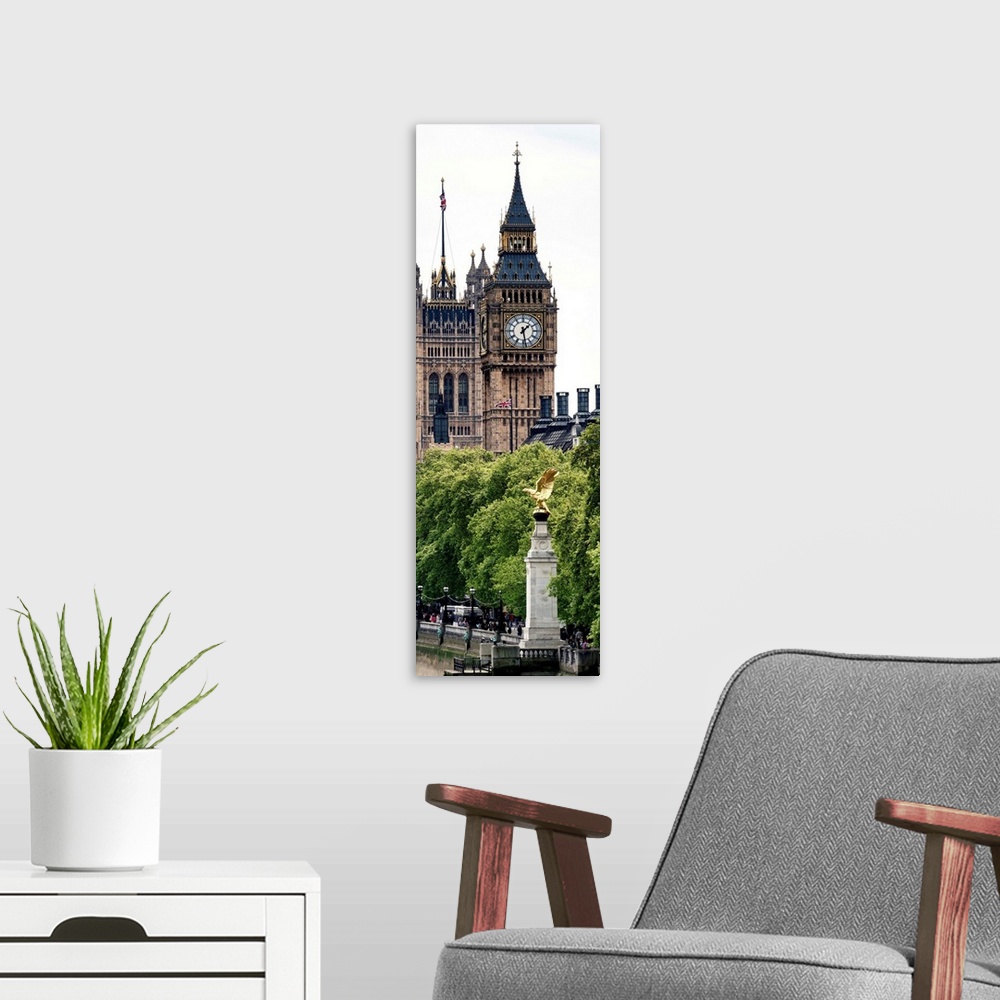 A modern room featuring Vertical panoramic photo of the Big Ben clock tower with a statue in the foreground.