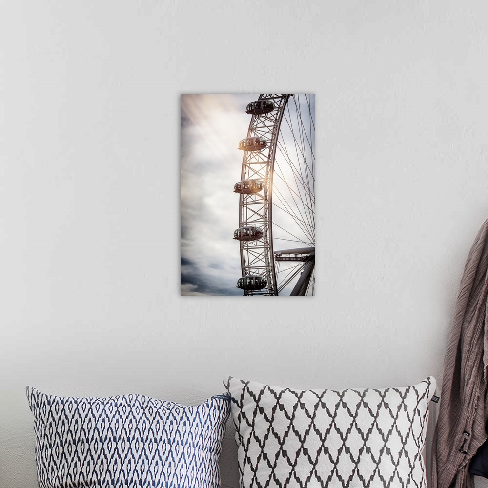 A bohemian room featuring Fine art photograph of a section of the Millennium Wheel in London, England.