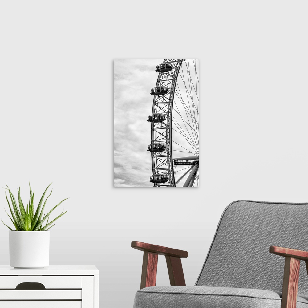 A modern room featuring Fine art photograph of a section of the Millennium Wheel in London, England.