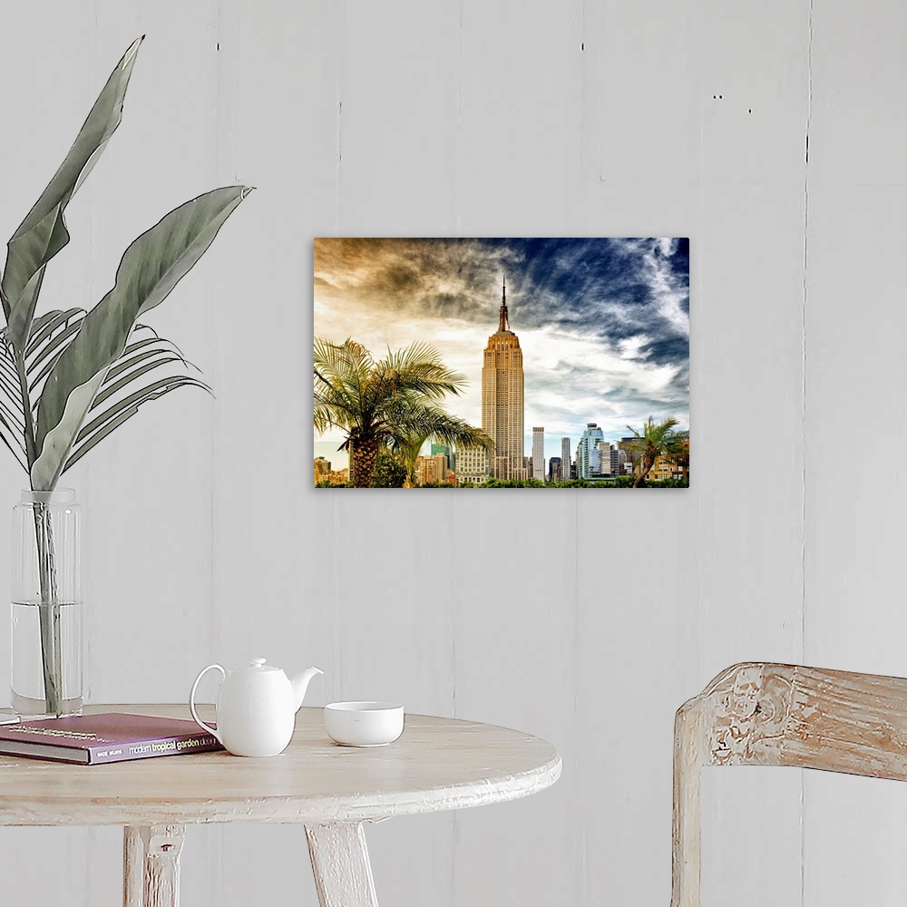 A farmhouse room featuring Fine art photo of the Empire State Building under a dramatic sky.