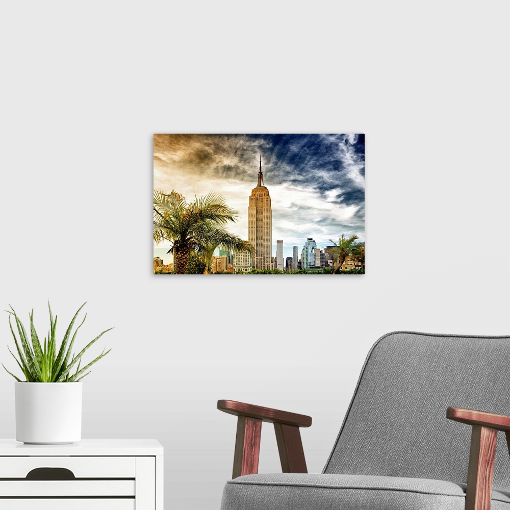 A modern room featuring Fine art photo of the Empire State Building under a dramatic sky.