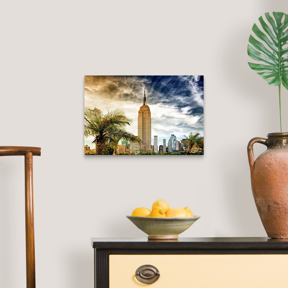 A traditional room featuring Fine art photo of the Empire State Building under a dramatic sky.