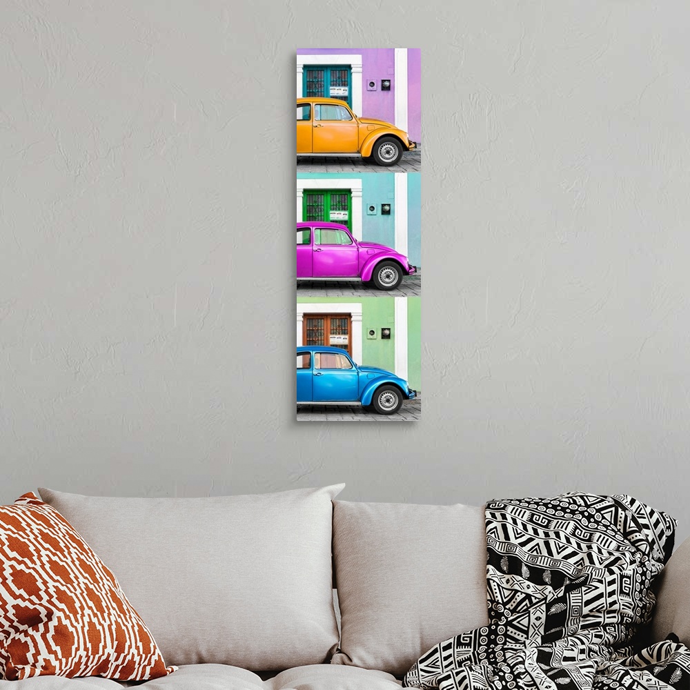 A bohemian room featuring Panoramic triptych photograph of three colorful Volkswagen Beetles parked in front of different b...