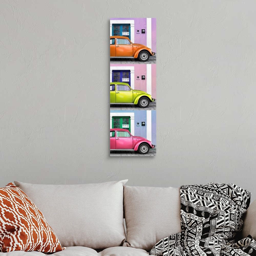 A bohemian room featuring Panoramic triptych photograph of three colorful Volkswagen Beetles parked in front of different b...
