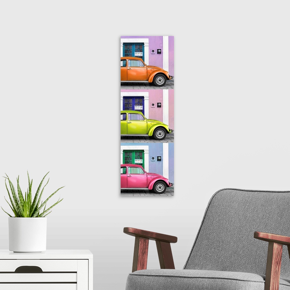 A modern room featuring Panoramic triptych photograph of three colorful Volkswagen Beetles parked in front of different b...