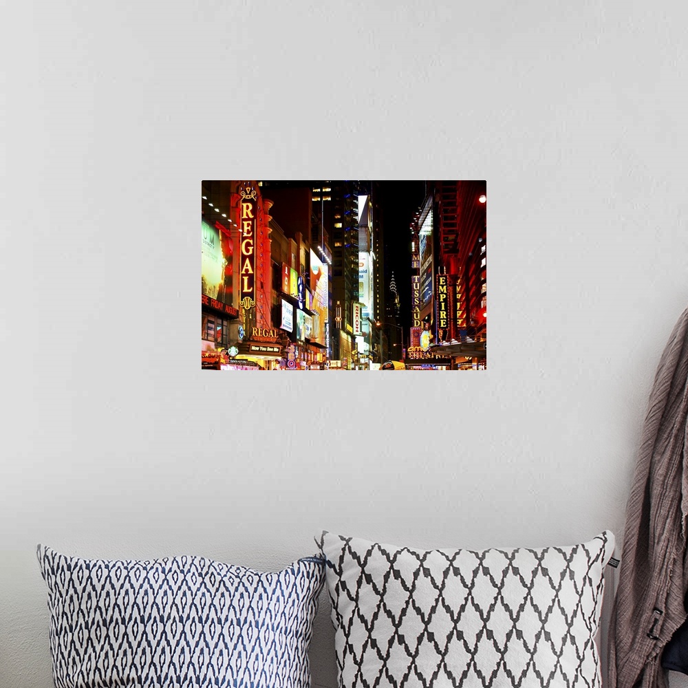 A bohemian room featuring Fine art photo of Times Square full of colorful neon signs.