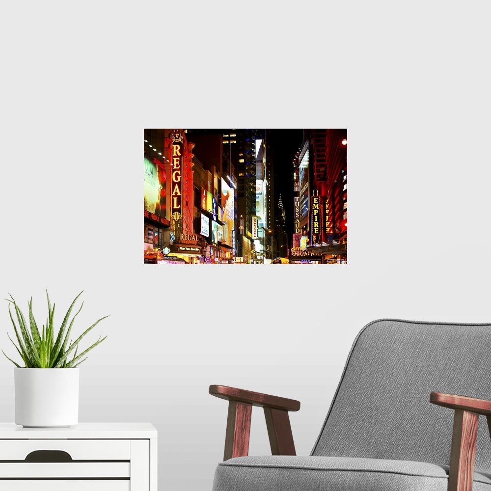 A modern room featuring Fine art photo of Times Square full of colorful neon signs.
