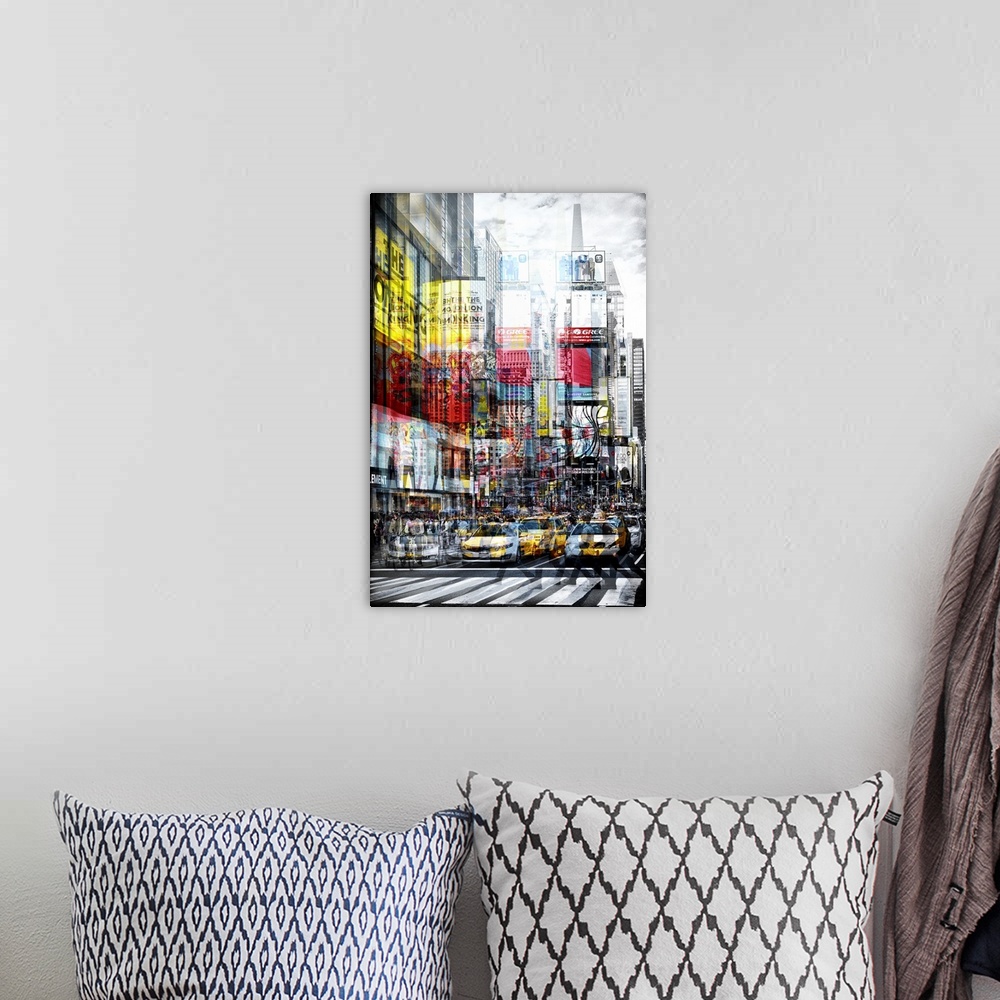 A bohemian room featuring Taxis in the street in Times Square with a layered effect creating a feeling of movement.