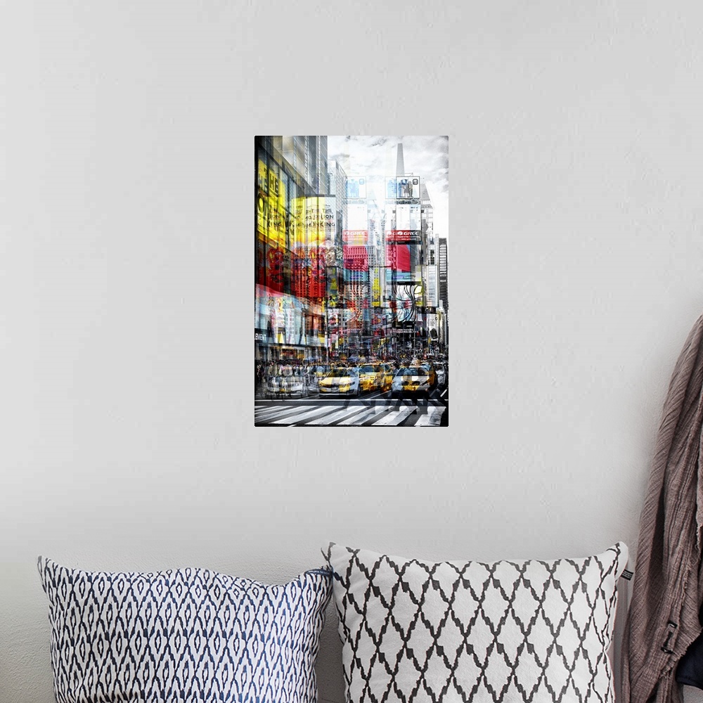 A bohemian room featuring Taxis in the street in Times Square with a layered effect creating a feeling of movement.