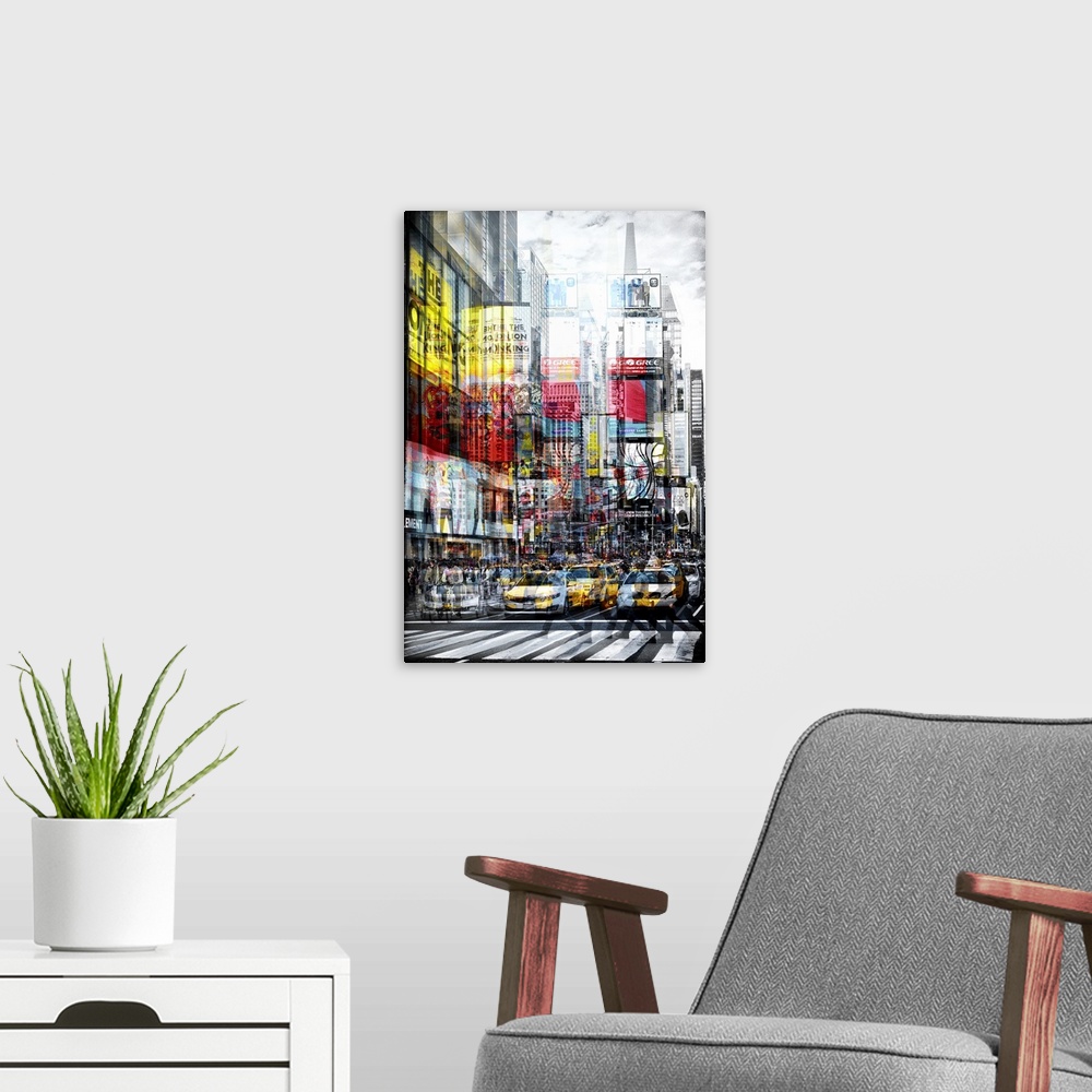 A modern room featuring Taxis in the street in Times Square with a layered effect creating a feeling of movement.